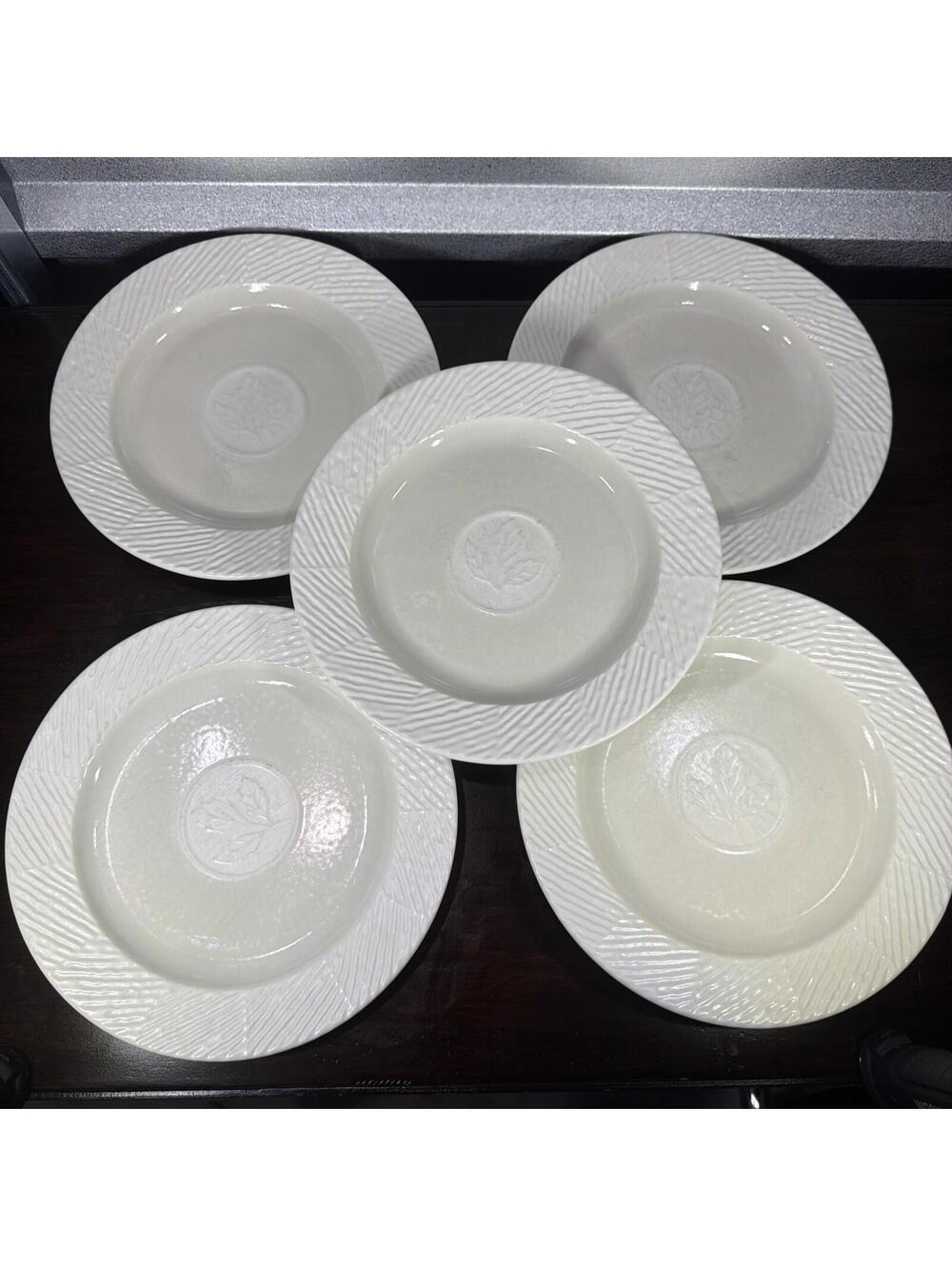 Pfaltzgraff Sierra White Cream 9” Embossed Leaf & Lines Design Set Of 5 Salad *
